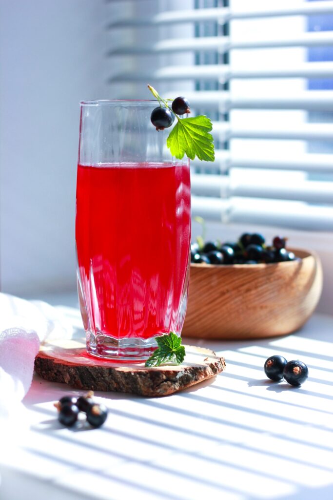 Vaso de bebida roja decorado con grosellas negras y hojas frescas, ideal para incluir en una dieta recomendada por sus beneficios nutritivos y refrescantes.