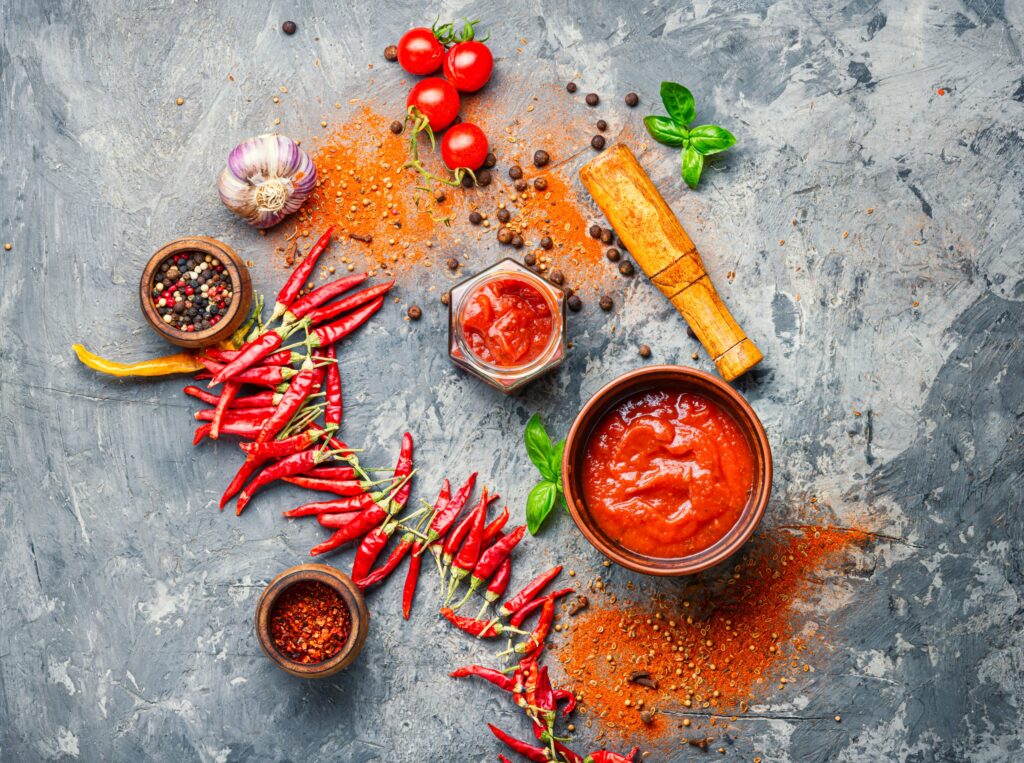 Variedad de alimentos picantes, como chiles, salsa roja y especias, acompañados de ingredientes frescos, mostrando ejemplos de alimentación y hábitos que pueden poner en riesgo la cicatrización después de una intervención dental.