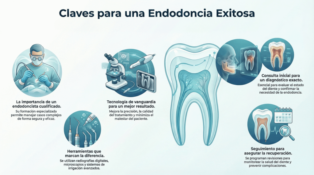 Infografía sobre los aspectos profesionales y técnicos en la realización de la endodoncia, con ilustraciones de un endodoncista cualificado trabajando, equipos de tecnología de vanguardia como microscopio y radiografía digital, diferentes herramientas especializadas de irrigación y limado, y gráficos que muestran la importancia de la consulta inicial para un diagnóstico exacto y del seguimiento posterior para asegurar una correcta recuperación del diente tratado.