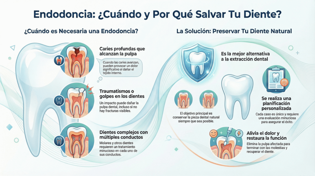 Infografía sobre casos específicos y situaciones recomendables para realizar endodoncia, que muestra un diente grande acompañado de ilustraciones de caries profundas que alcanzan la pulpa, traumatismos o golpes en los dientes y piezas con múltiples conductos, junto a gráficos que explican cómo la endodoncia permite preservar el diente natural como mejor alternativa a la extracción, mediante una planificación personalizada que alivia el dolor y restaura la función.