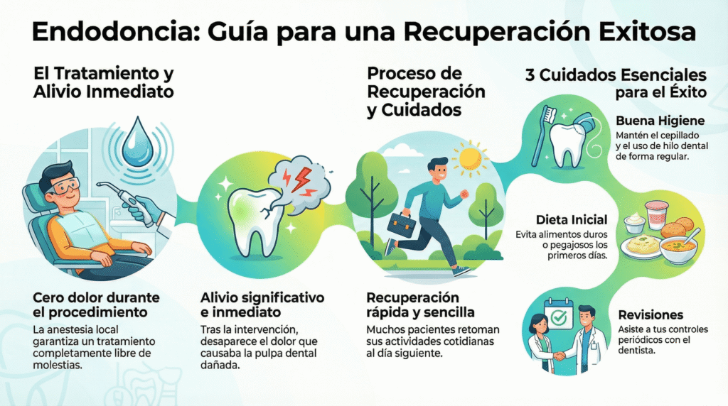 Infografía sobre la experiencia del paciente y recuperación tras la endodoncia, que muestra a una persona en el sillón dental recibiendo tratamiento sin dolor, un diente con alivio inmediato, un paciente retomando sus actividades cotidianas y tres cuidados esenciales para el éxito: buena higiene oral, dieta inicial blanda y revisiones periódicas con el odontólogo.