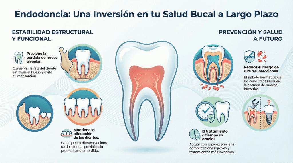 Infografía sobre prevención de complicaciones futuras y estabilidad bucodental mediante endodoncia, con un diente central y varios gráficos que muestran cómo el tratamiento conserva la raíz y el hueso alveolar, mantiene la alineación de los dientes, reduce el riesgo de nuevas infecciones gracias al sellado de los conductos y destaca la importancia de tratar a tiempo para evitar procedimientos más invasivos.