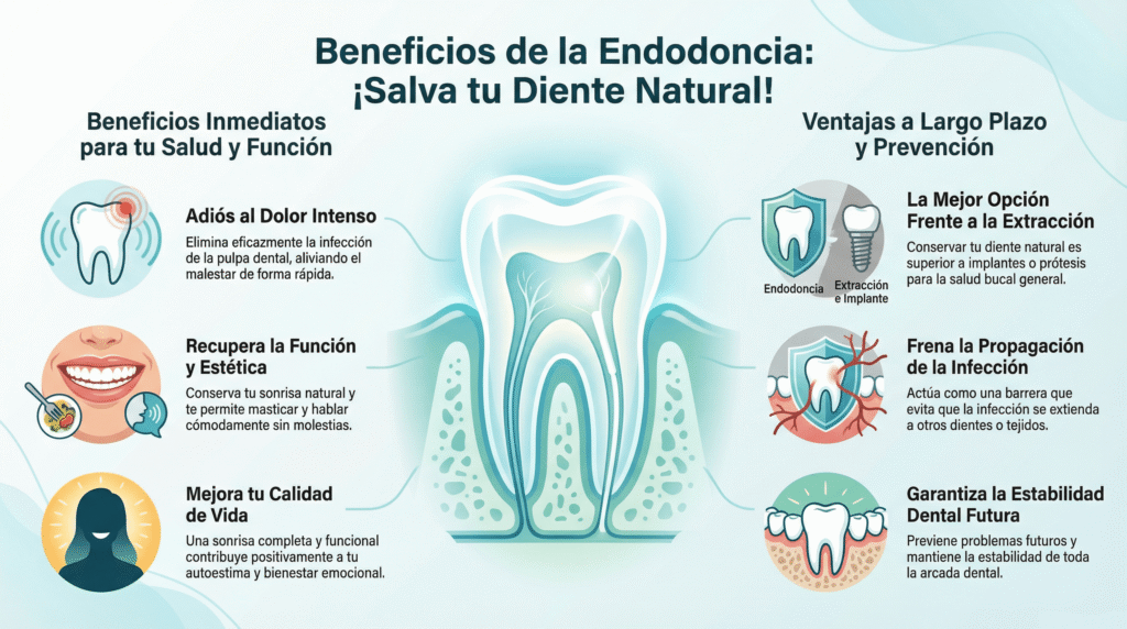 Infografía odontológica que explica las ventajas de conservar el diente natural mediante endodoncia, mostrando un diente seccionado con su raíz tratada y resaltando beneficios como alivio rápido del dolor, recuperación de la función y estética, mejora de la calidad de vida, prevención de la extracción dental, freno a la propagación de la infección y garantía de estabilidad dental futura.